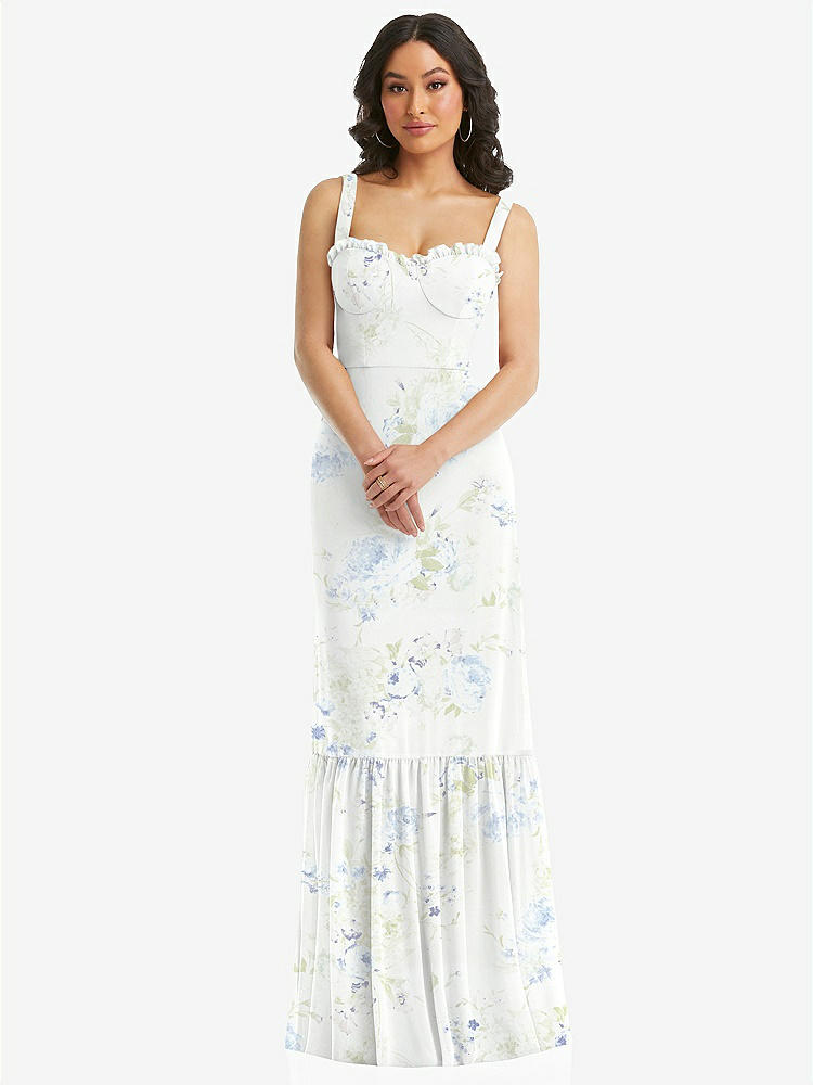 【STYLE: 1570】Tie-Shoulder Bustier Bodice Ruffle-Hem Maxi Dress【COLOR: Bleu Garden】