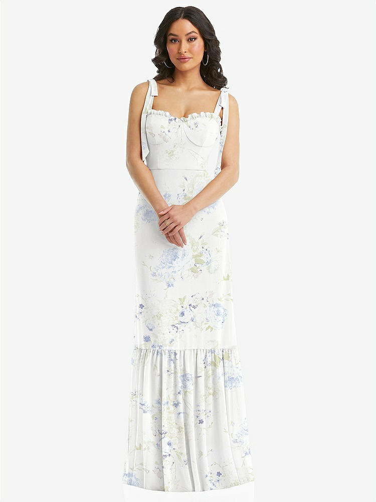 【STYLE: 1570】Tie-Shoulder Bustier Bodice Ruffle-Hem Maxi Dress【COLOR: Bleu Garden】
