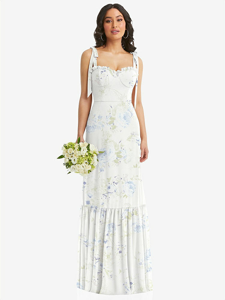【STYLE: 1570】Tie-Shoulder Bustier Bodice Ruffle-Hem Maxi Dress【COLOR: Bleu Garden】