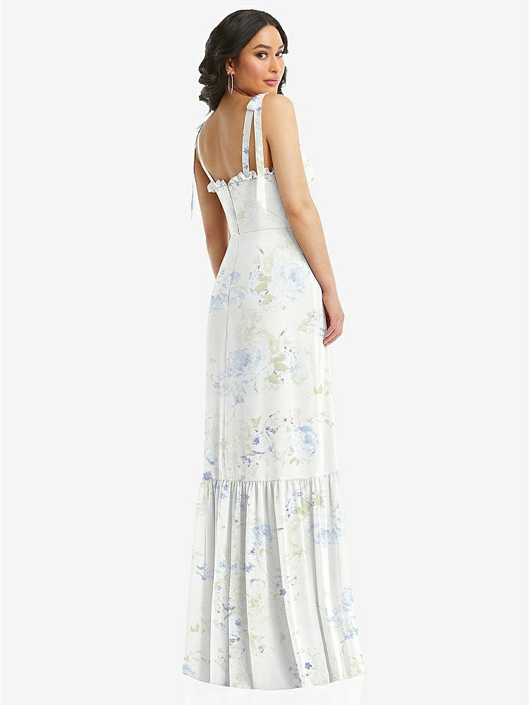【STYLE: 1570】Tie-Shoulder Bustier Bodice Ruffle-Hem Maxi Dress【COLOR: Bleu Garden】