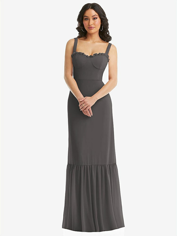 【STYLE: 1570】Tie-Shoulder Bustier Bodice Ruffle-Hem Maxi Dress【COLOR: Caviar Gray】