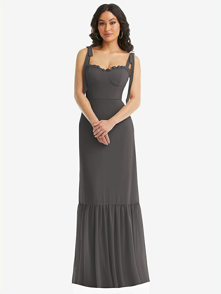 【STYLE: 1570】Tie-Shoulder Bustier Bodice Ruffle-Hem Maxi Dress【COLOR: Caviar Gray】
