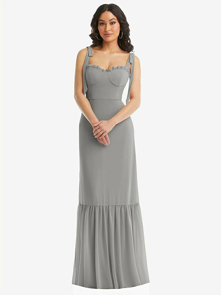 【STYLE: 1570】Tie-Shoulder Bustier Bodice Ruffle-Hem Maxi Dress【COLOR: Chelsea Gray】