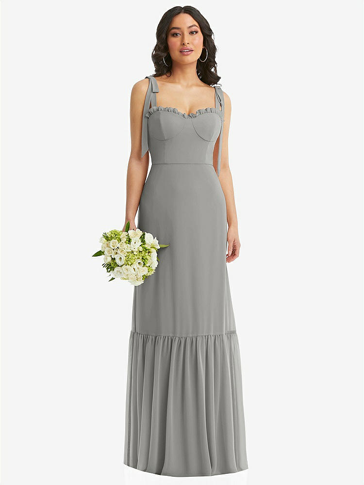 【STYLE: 1570】Tie-Shoulder Bustier Bodice Ruffle-Hem Maxi Dress【COLOR: Chelsea Gray】