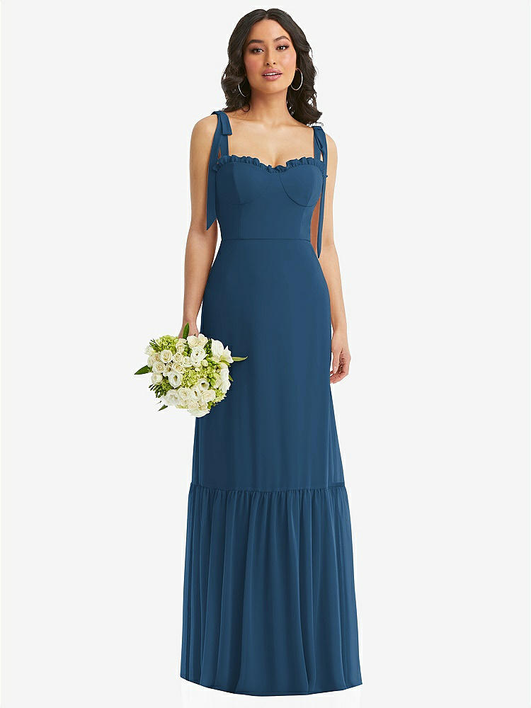 【STYLE: 1570】Tie-Shoulder Bustier Bodice Ruffle-Hem Maxi Dress【COLOR: Dusk Blue】