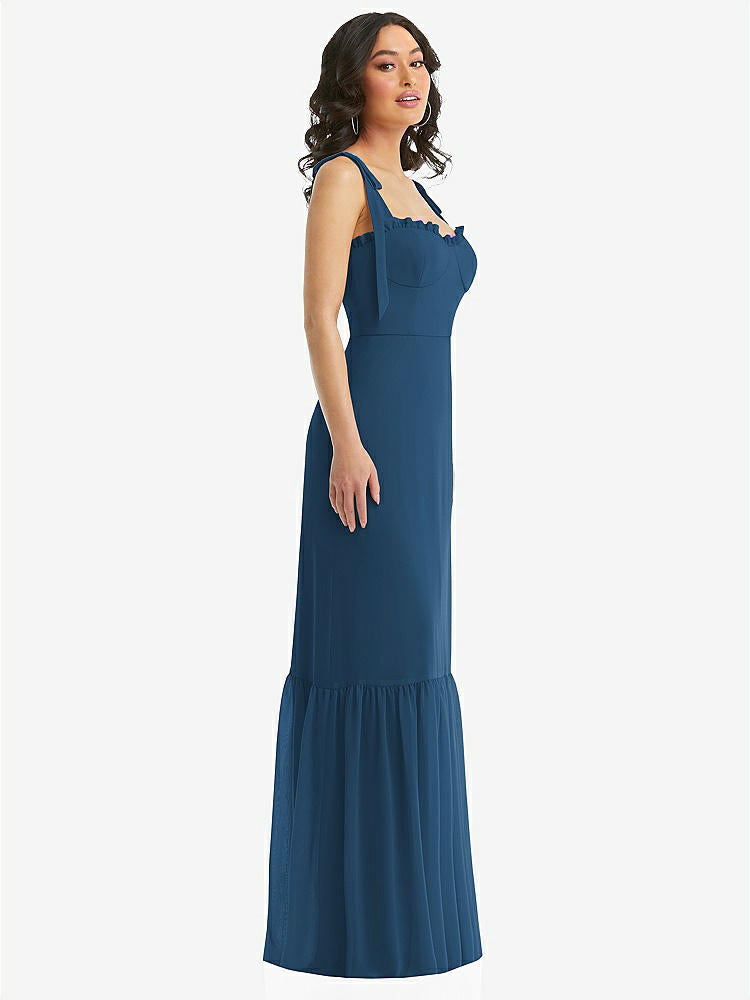 【STYLE: 1570】Tie-Shoulder Bustier Bodice Ruffle-Hem Maxi Dress【COLOR: Dusk Blue】