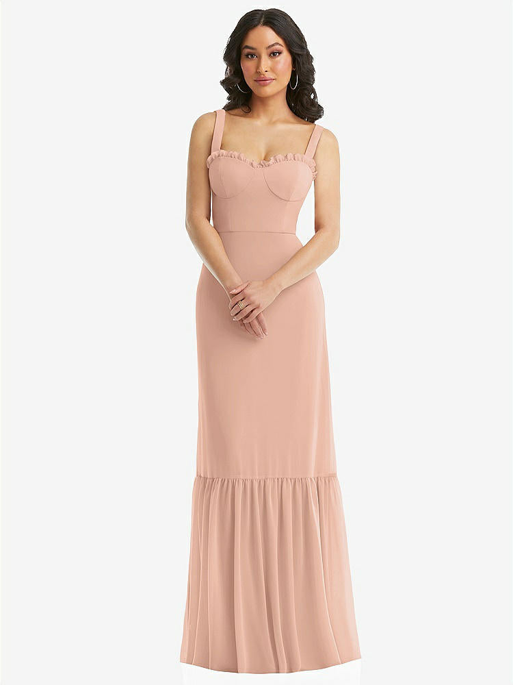 【STYLE: 1570】Tie-Shoulder Bustier Bodice Ruffle-Hem Maxi Dress【COLOR: Pale Peach】
