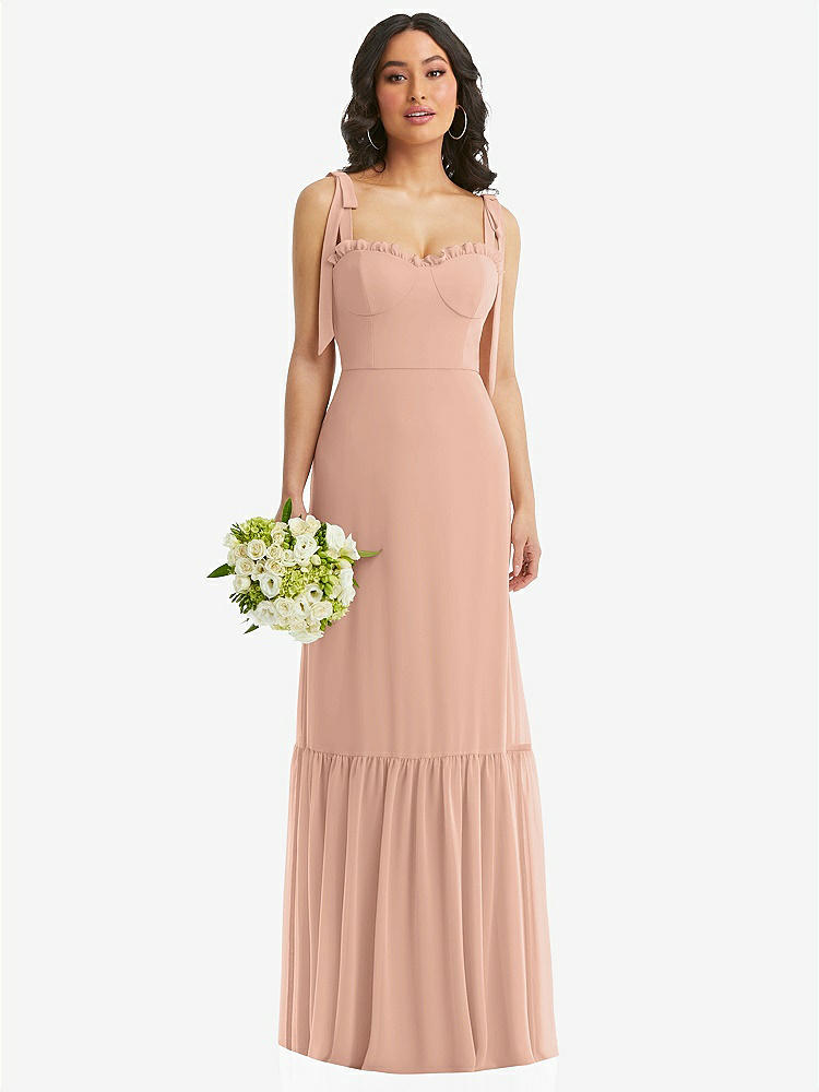 【STYLE: 1570】Tie-Shoulder Bustier Bodice Ruffle-Hem Maxi Dress【COLOR: Pale Peach】