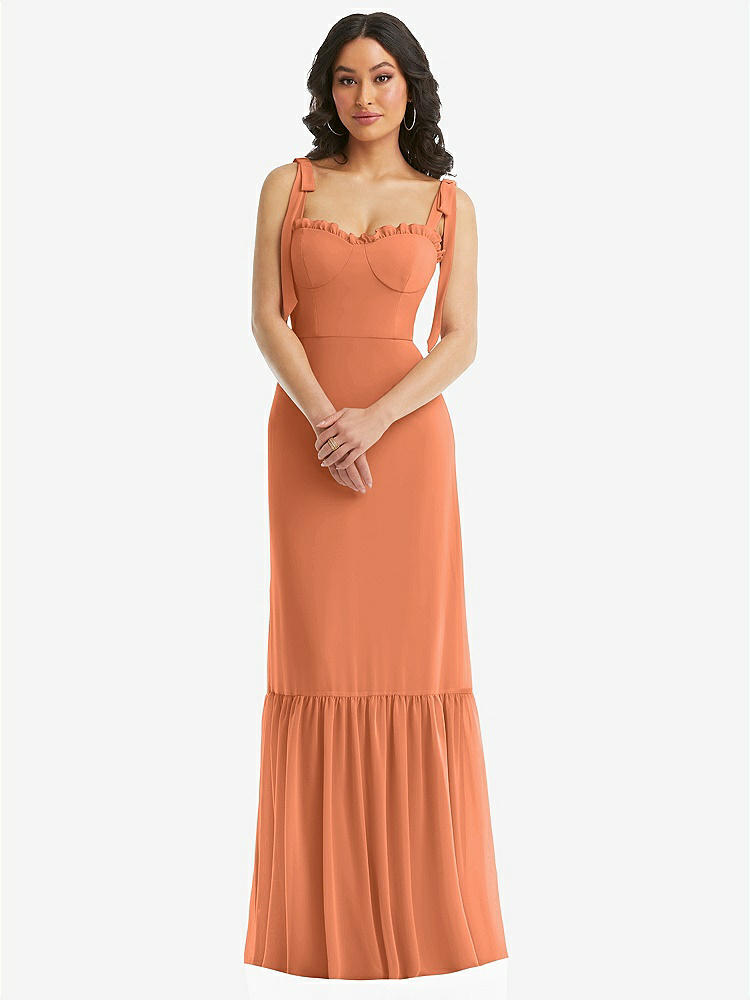 【STYLE: 1570】Tie-Shoulder Bustier Bodice Ruffle-Hem Maxi Dress【COLOR: Sweet Melon】