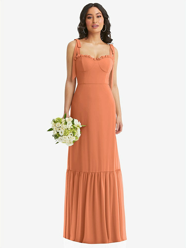 【STYLE: 1570】Tie-Shoulder Bustier Bodice Ruffle-Hem Maxi Dress【COLOR: Sweet Melon】
