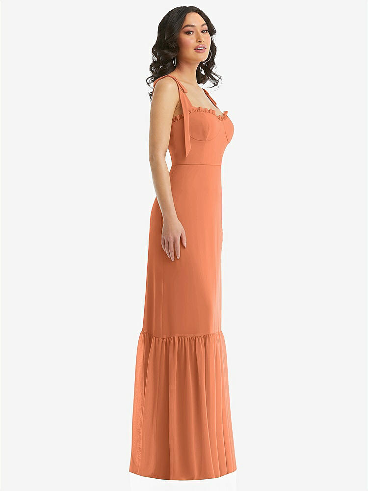 【STYLE: 1570】Tie-Shoulder Bustier Bodice Ruffle-Hem Maxi Dress【COLOR: Sweet Melon】