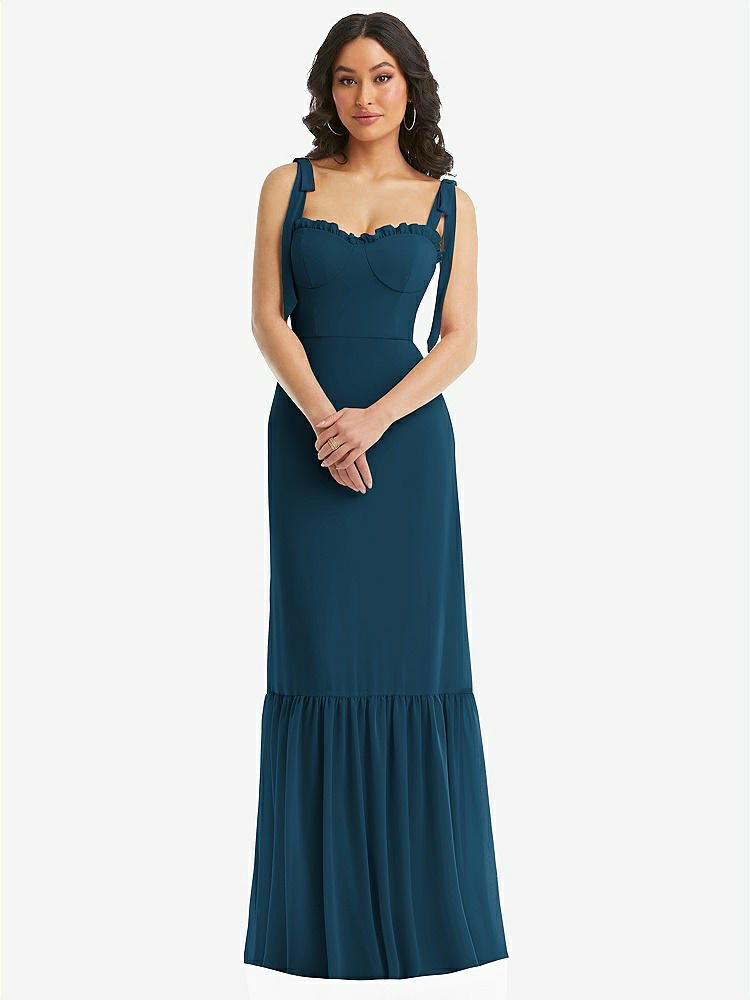 【STYLE: 1570】Tie-Shoulder Bustier Bodice Ruffle-Hem Maxi Dress【COLOR: Atlantic Blue】