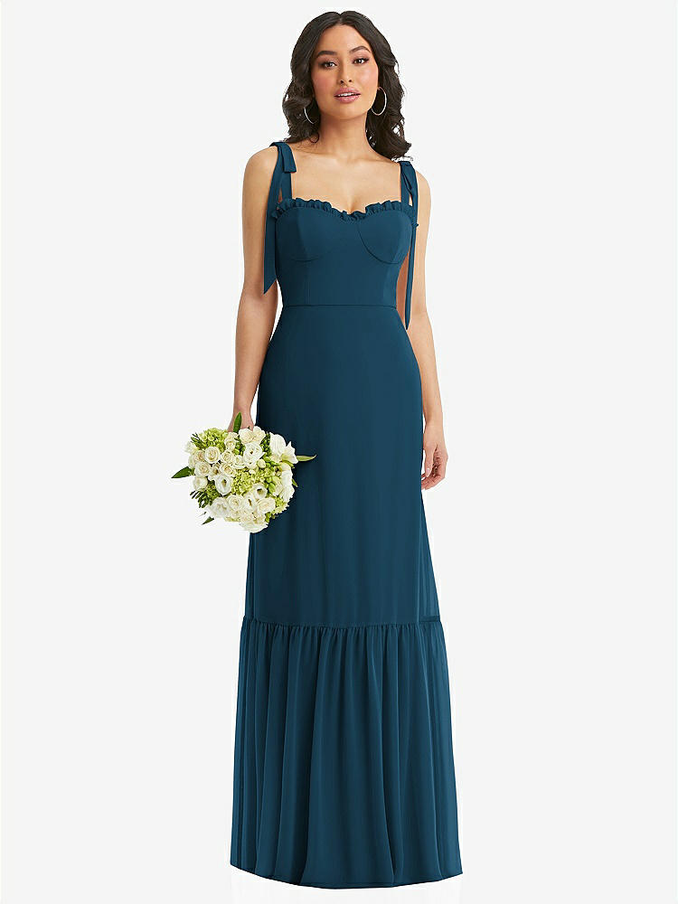 【STYLE: 1570】Tie-Shoulder Bustier Bodice Ruffle-Hem Maxi Dress【COLOR: Atlantic Blue】