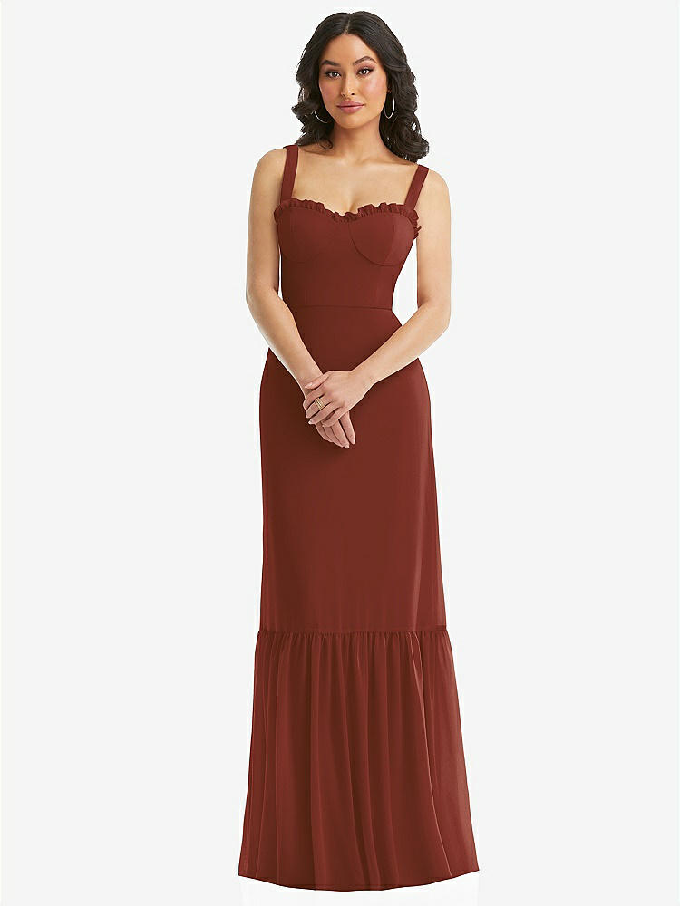 【STYLE: 1570】Tie-Shoulder Bustier Bodice Ruffle-Hem Maxi Dress【COLOR: Auburn Moon】