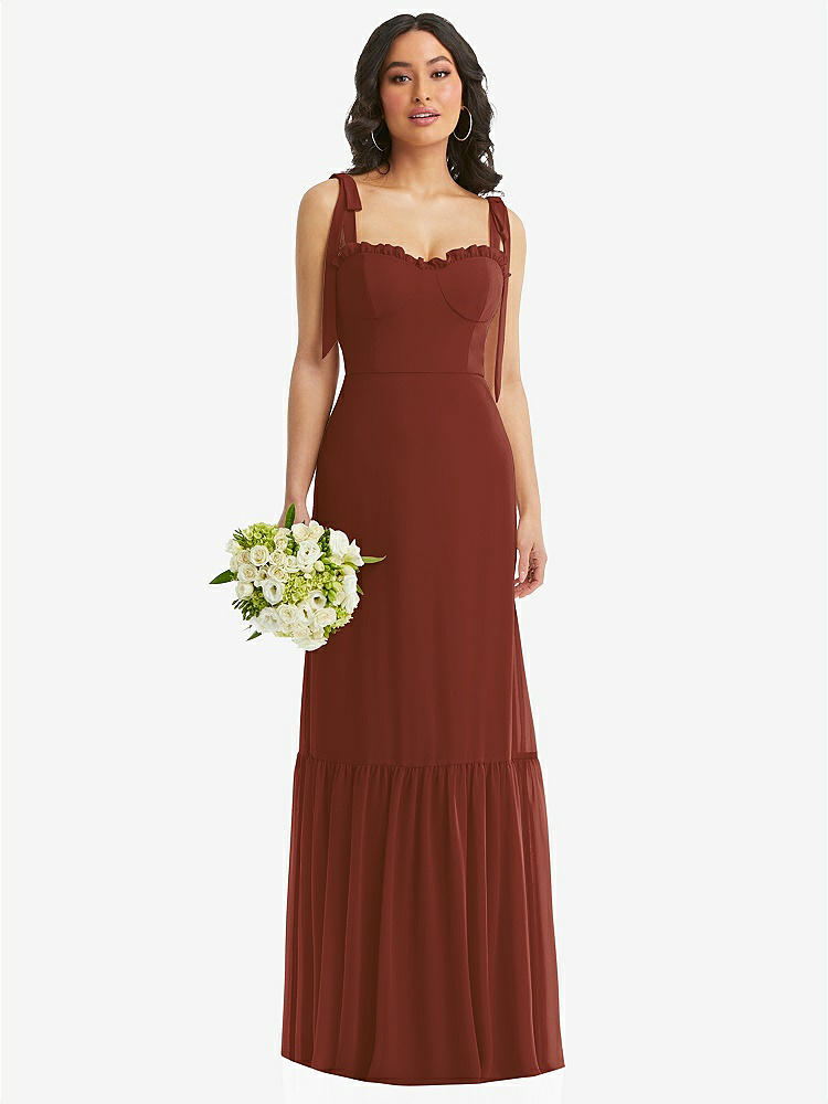【STYLE: 1570】Tie-Shoulder Bustier Bodice Ruffle-Hem Maxi Dress【COLOR: Auburn Moon】