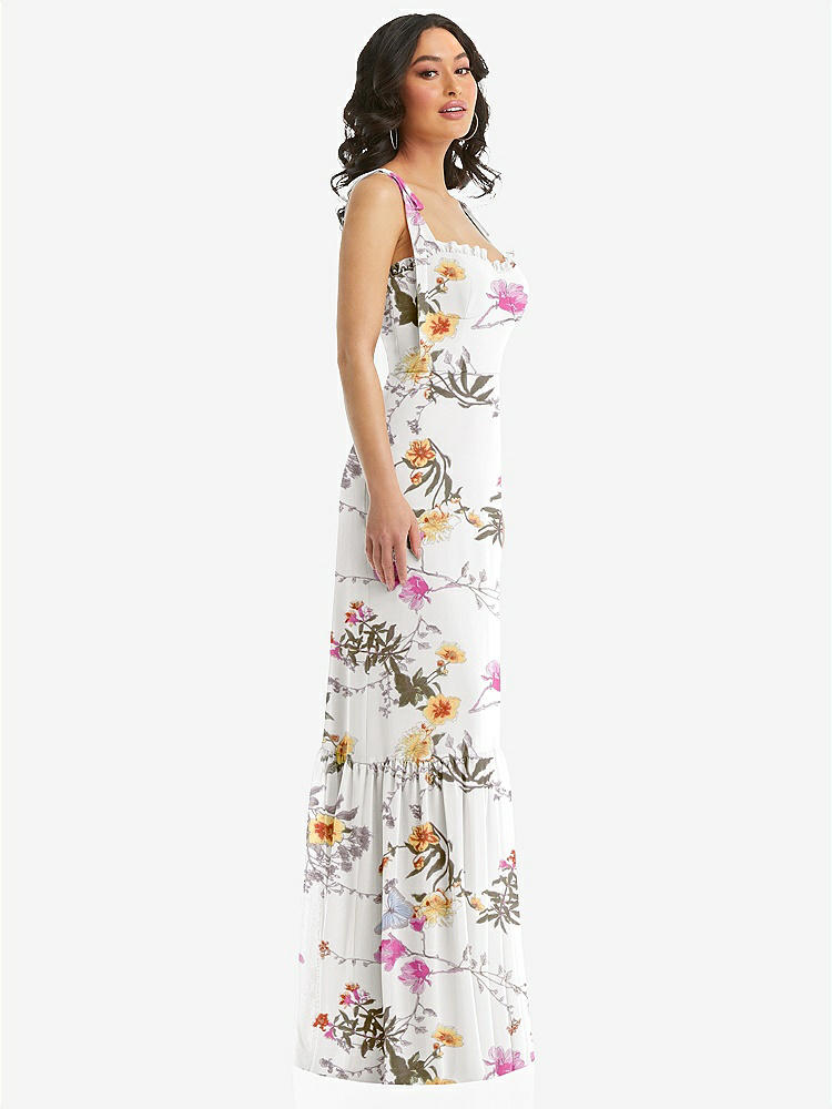 【NEW】【STYLE: 1570】タイショルダー ビュスティア ボディス フリルヘム マキシ ドレス【COLOR: Butterfly Botanica Ivory】【SIZE: 00-30W】