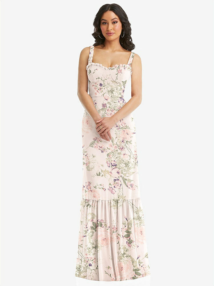 【STYLE: 1570】Tie-Shoulder Bustier Bodice Ruffle-Hem Maxi Dress【COLOR: Blush Garden】