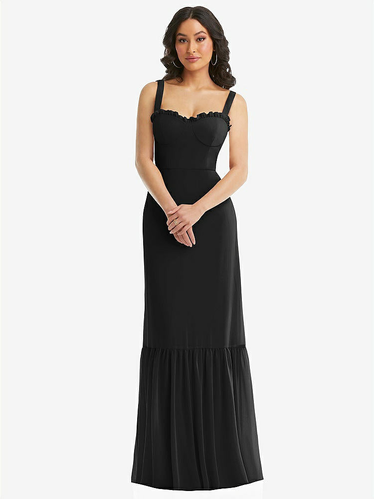 【STYLE: 1570】Tie-Shoulder Bustier Bodice Ruffle-Hem Maxi Dress【COLOR: Black】