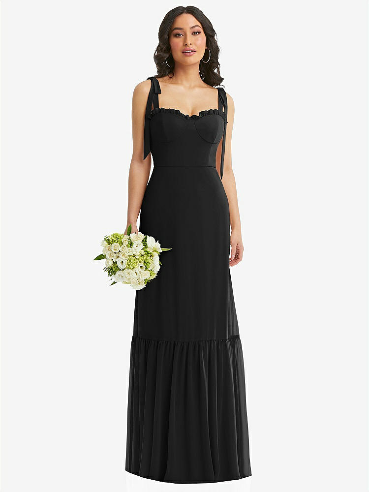 【STYLE: 1570】Tie-Shoulder Bustier Bodice Ruffle-Hem Maxi Dress【COLOR: Black】