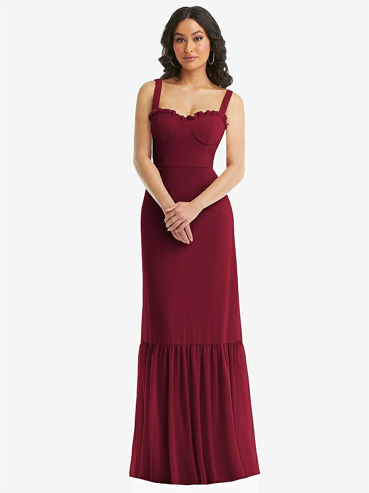 【STYLE: 1570】Tie-Shoulder Bustier Bodice Ruffle-Hem Maxi Dress【COLOR: Burgundy】