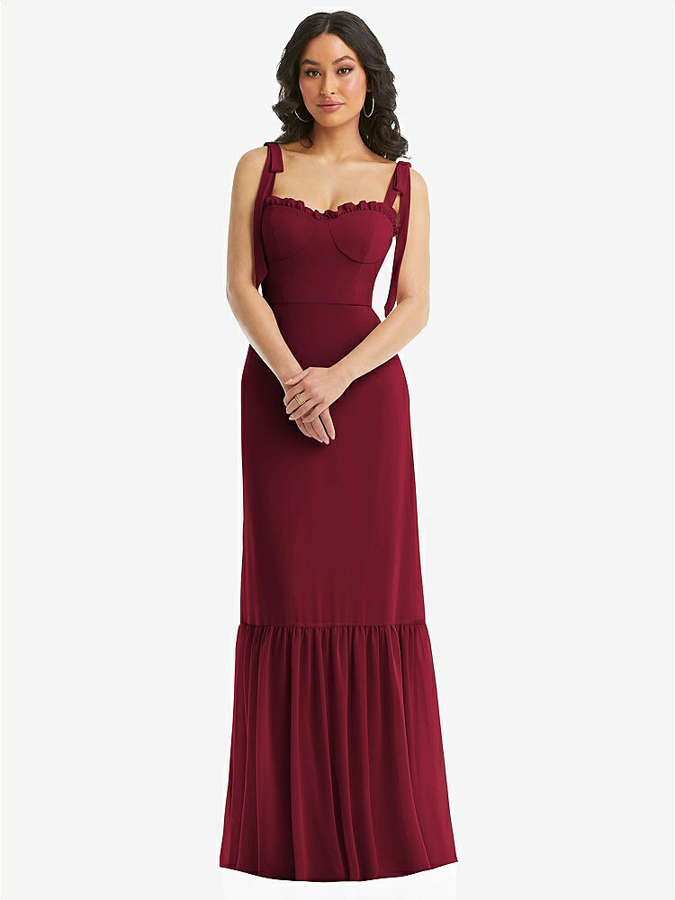 【STYLE: 1570】Tie-Shoulder Bustier Bodice Ruffle-Hem Maxi Dress【COLOR: Burgundy】