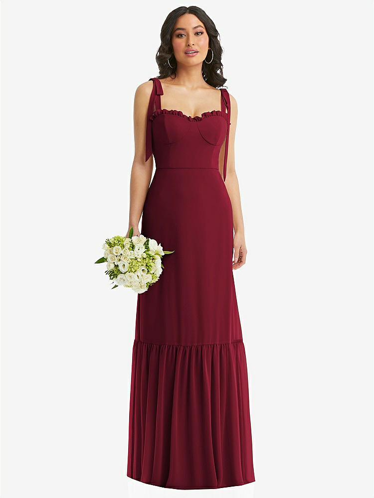 【STYLE: 1570】Tie-Shoulder Bustier Bodice Ruffle-Hem Maxi Dress【COLOR: Burgundy】