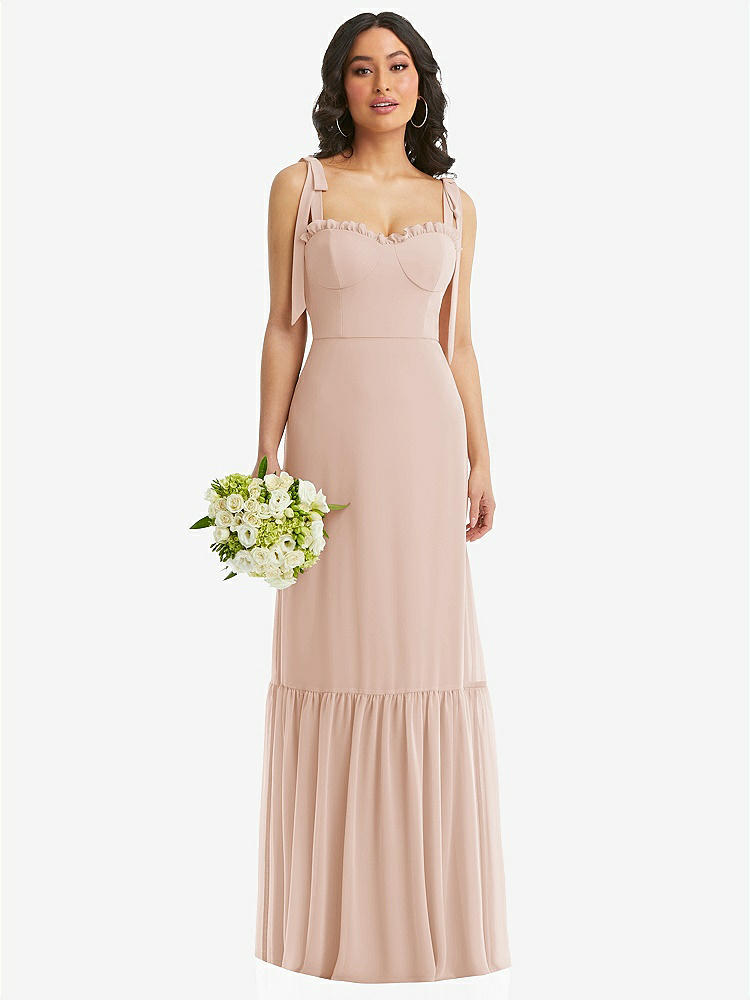 【STYLE: 1570】Tie-Shoulder Bustier Bodice Ruffle-Hem Maxi Dress【COLOR: Cameo】
