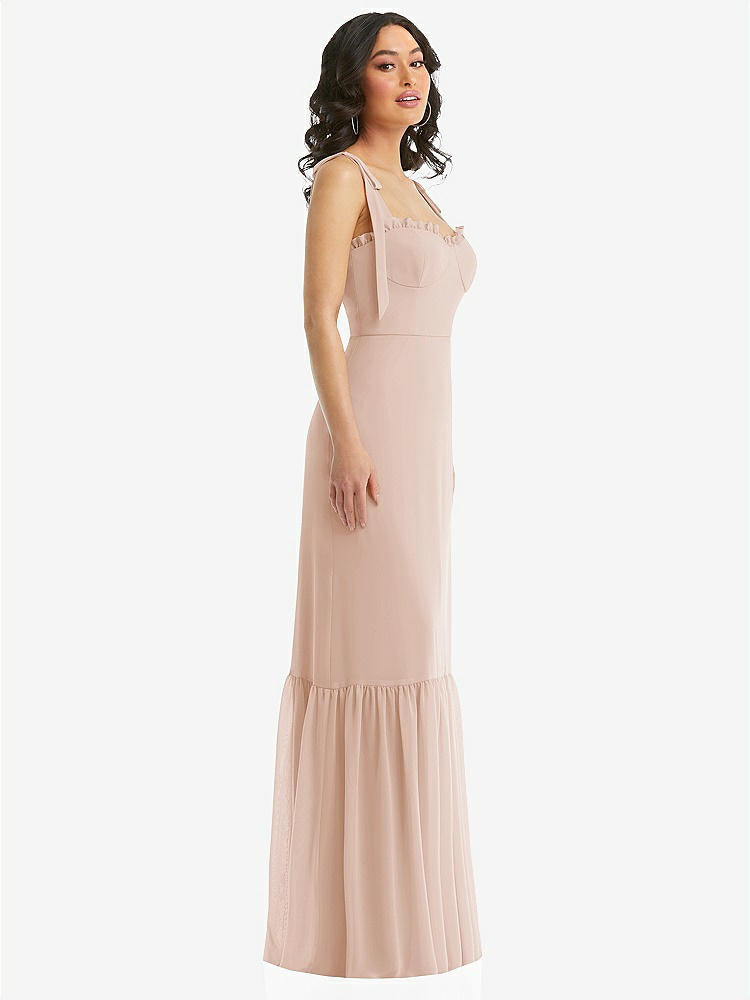 【STYLE: 1570】Tie-Shoulder Bustier Bodice Ruffle-Hem Maxi Dress【COLOR: Cameo】