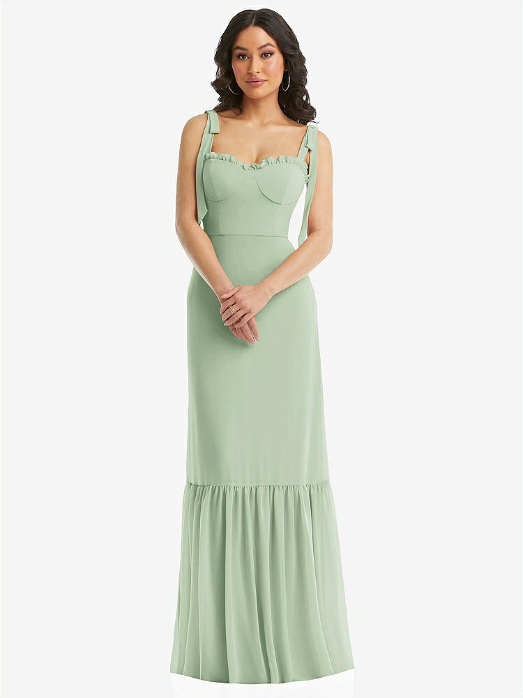 【STYLE: 1570】Tie-Shoulder Bustier Bodice Ruffle-Hem Maxi Dress【COLOR: Celadon】