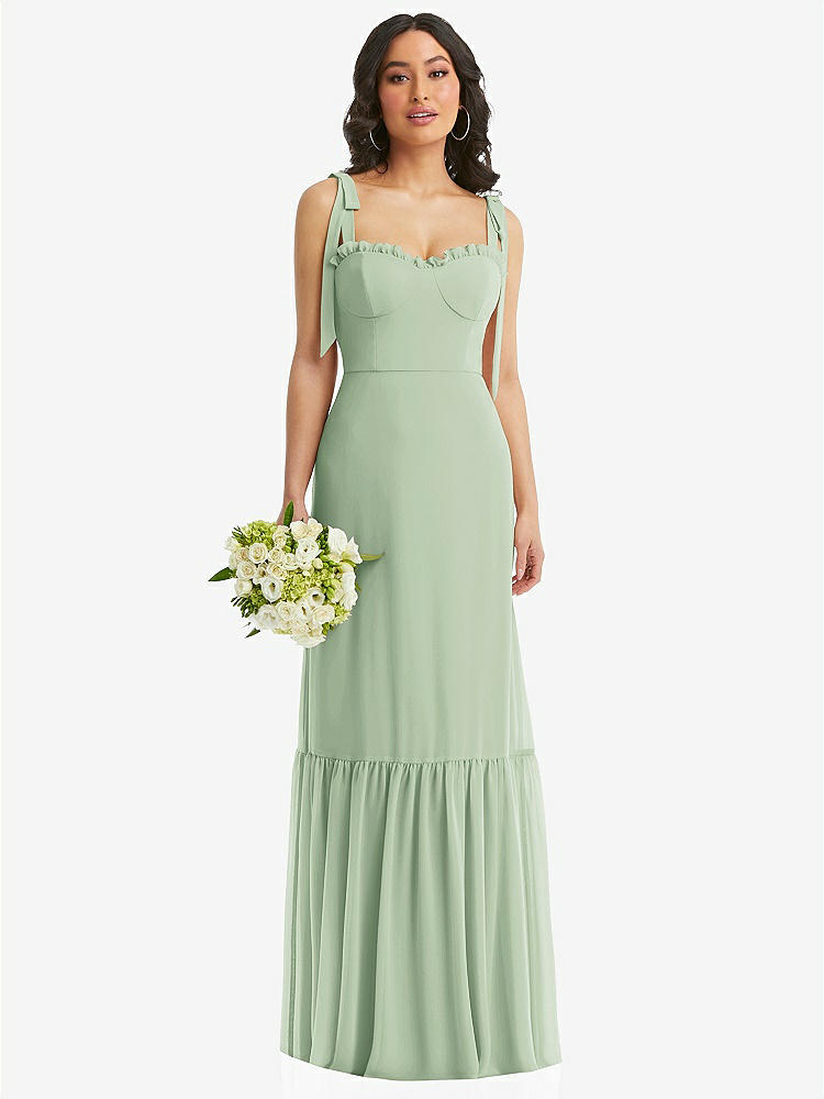 【STYLE: 1570】Tie-Shoulder Bustier Bodice Ruffle-Hem Maxi Dress【COLOR: Celadon】