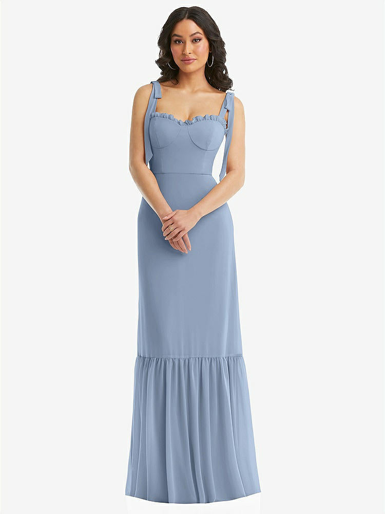 【STYLE: 1570】Tie-Shoulder Bustier Bodice Ruffle-Hem Maxi Dress【COLOR: Cloudy】