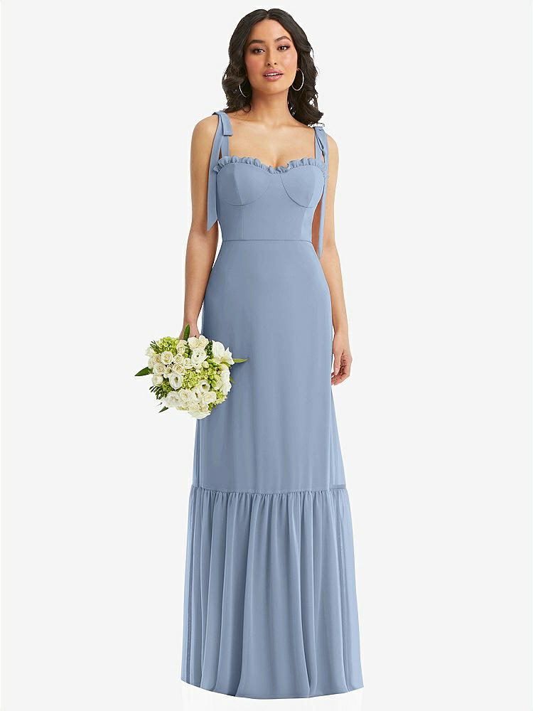 【STYLE: 1570】Tie-Shoulder Bustier Bodice Ruffle-Hem Maxi Dress【COLOR: Cloudy】