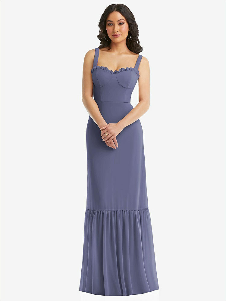 【STYLE: 1570】Tie-Shoulder Bustier Bodice Ruffle-Hem Maxi Dress【COLOR: French Blue】