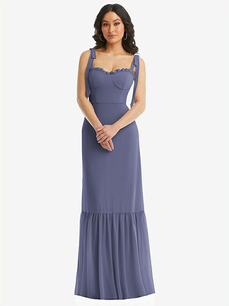 【STYLE: 1570】Tie-Shoulder Bustier Bodice Ruffle-Hem Maxi Dress【COLOR: French Blue】