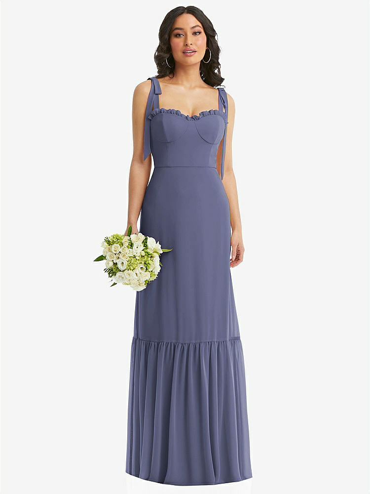 【STYLE: 1570】Tie-Shoulder Bustier Bodice Ruffle-Hem Maxi Dress【COLOR: French Blue】