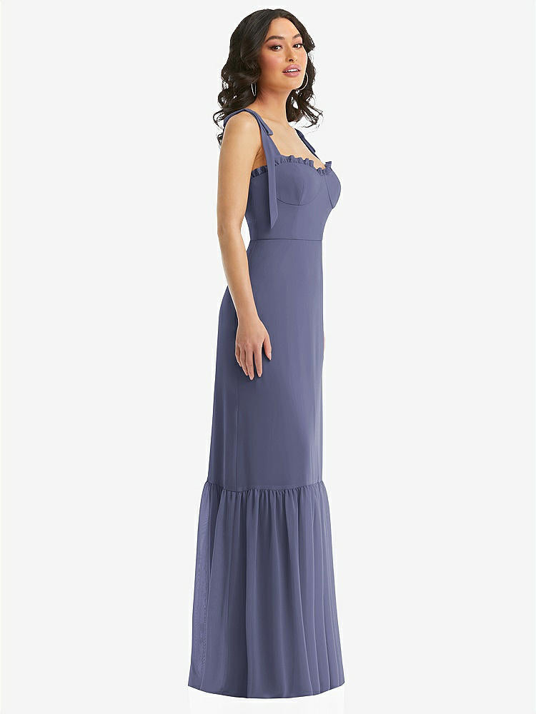 【STYLE: 1570】Tie-Shoulder Bustier Bodice Ruffle-Hem Maxi Dress【COLOR: French Blue】