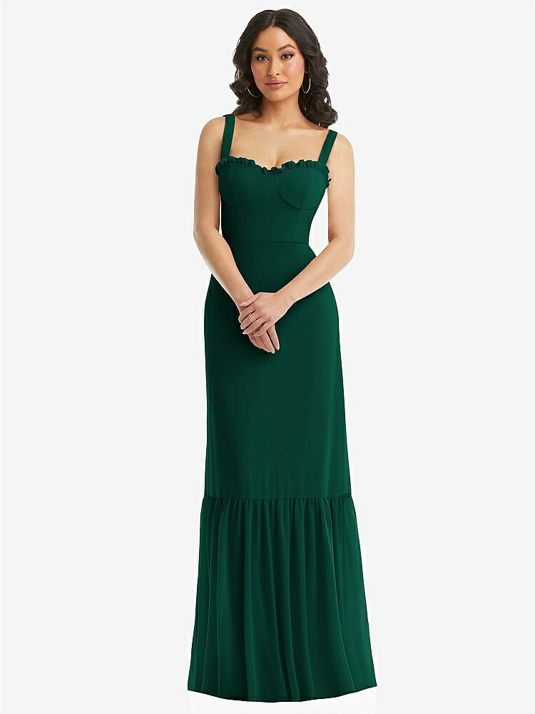 【NEW】【STYLE: 1570】タイショルダー ビュスティア ボディス フリルヘム マキシ ドレス【COLOR: Hunter Green】【SIZE: 00-30W】