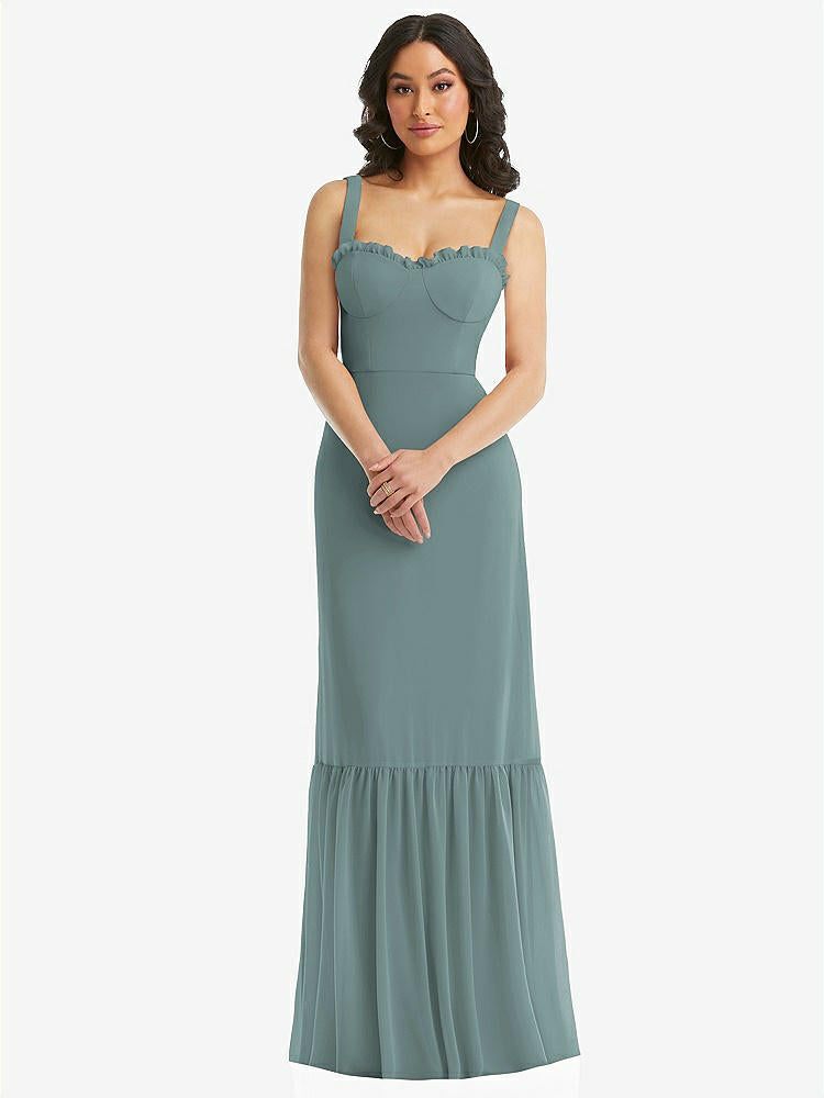 【STYLE: 1570】Tie-Shoulder Bustier Bodice Ruffle-Hem Maxi Dress【COLOR: Icelandic】