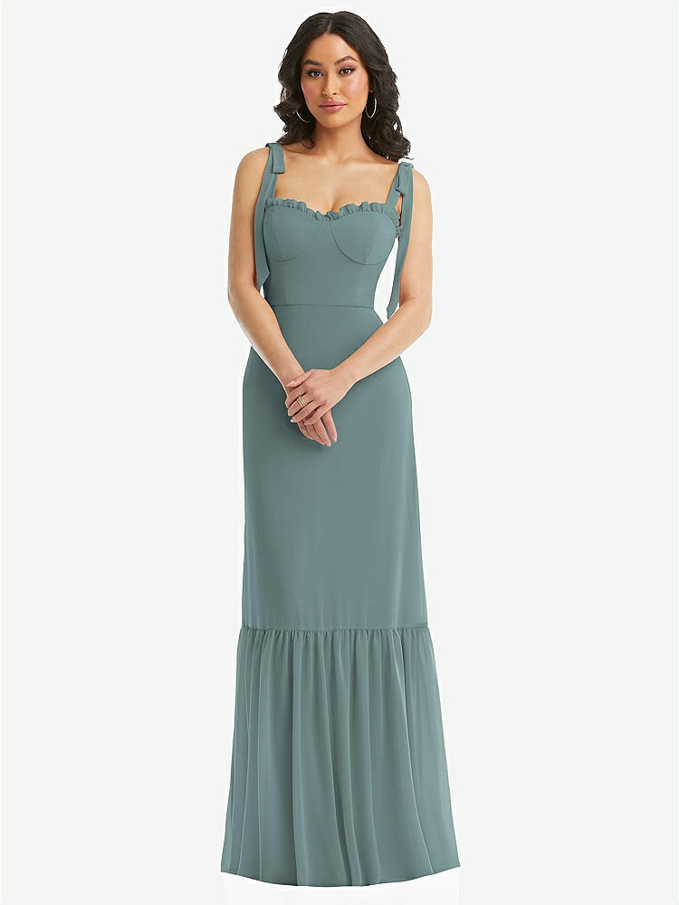 【STYLE: 1570】Tie-Shoulder Bustier Bodice Ruffle-Hem Maxi Dress【COLOR: Icelandic】