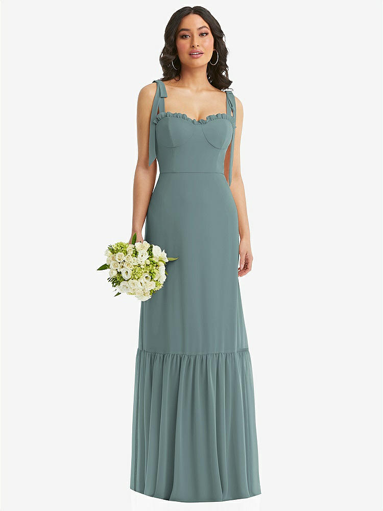 【STYLE: 1570】Tie-Shoulder Bustier Bodice Ruffle-Hem Maxi Dress【COLOR: Icelandic】