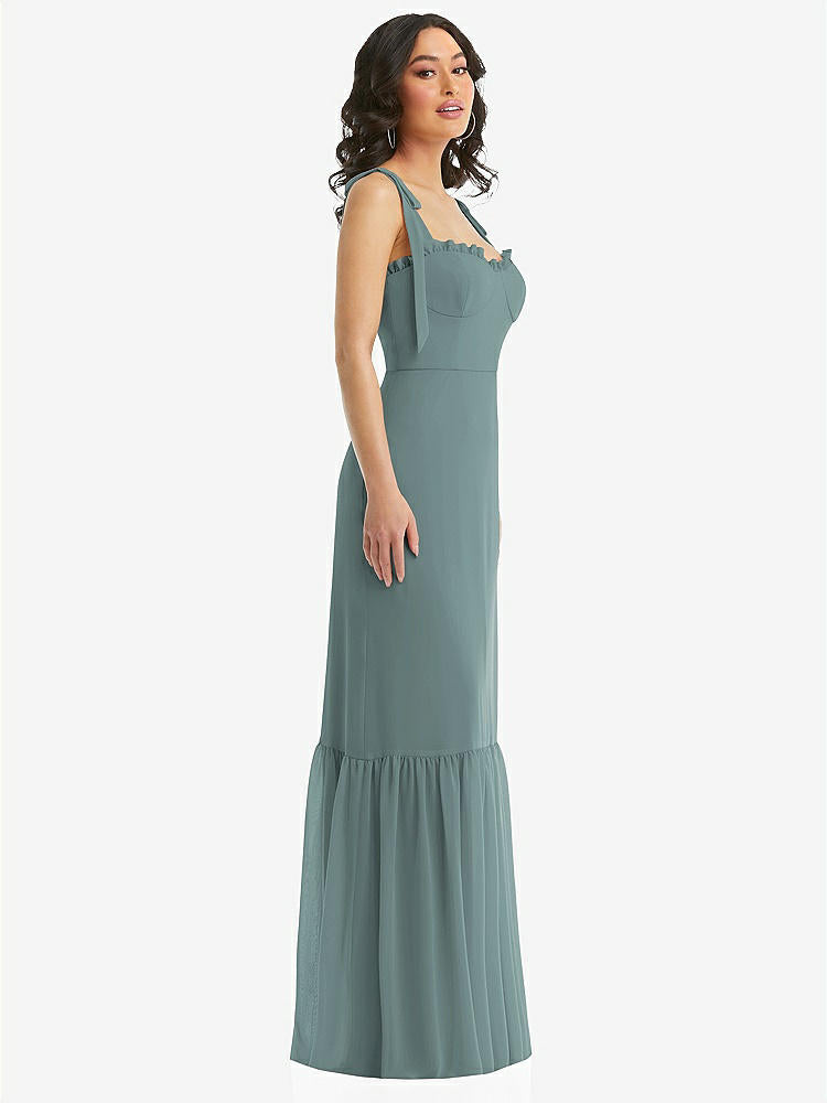 【STYLE: 1570】Tie-Shoulder Bustier Bodice Ruffle-Hem Maxi Dress【COLOR: Icelandic】
