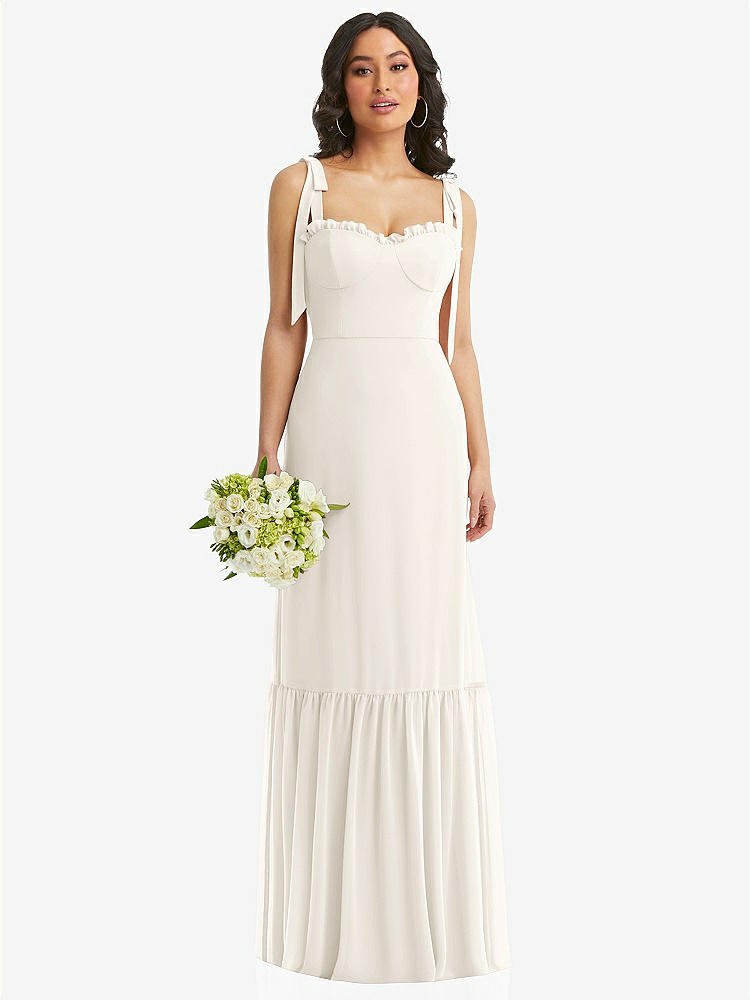 【STYLE: 1570】Tie-Shoulder Bustier Bodice Ruffle-Hem Maxi Dress【COLOR: Ivory】