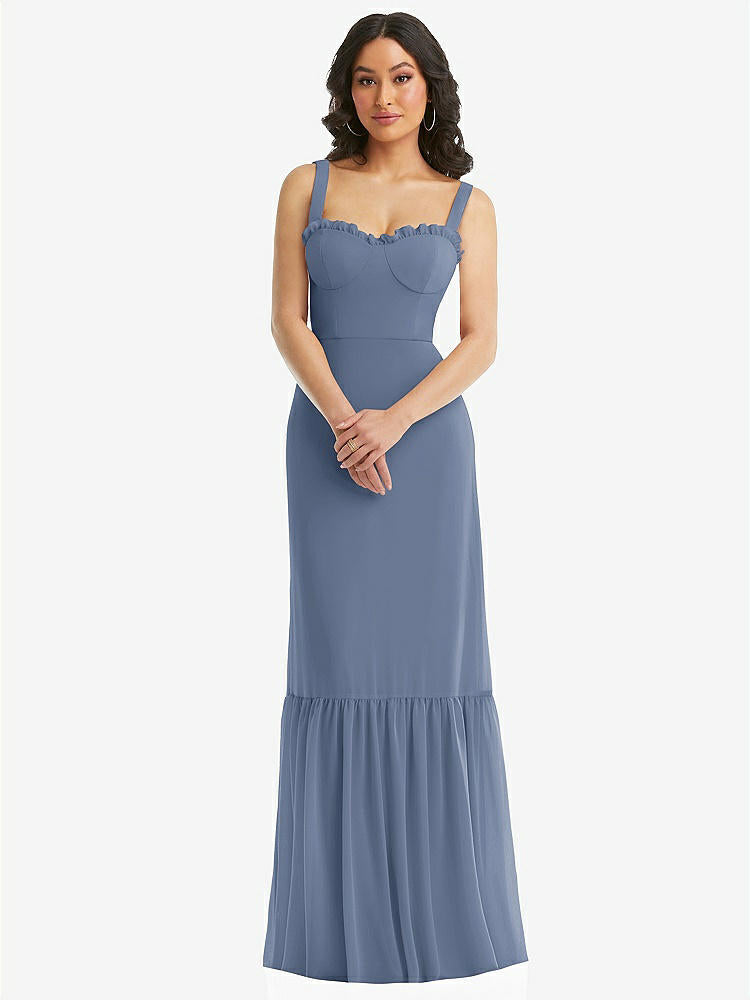 【STYLE: 1570】Tie-Shoulder Bustier Bodice Ruffle-Hem Maxi Dress【COLOR: Larkspur Blue】