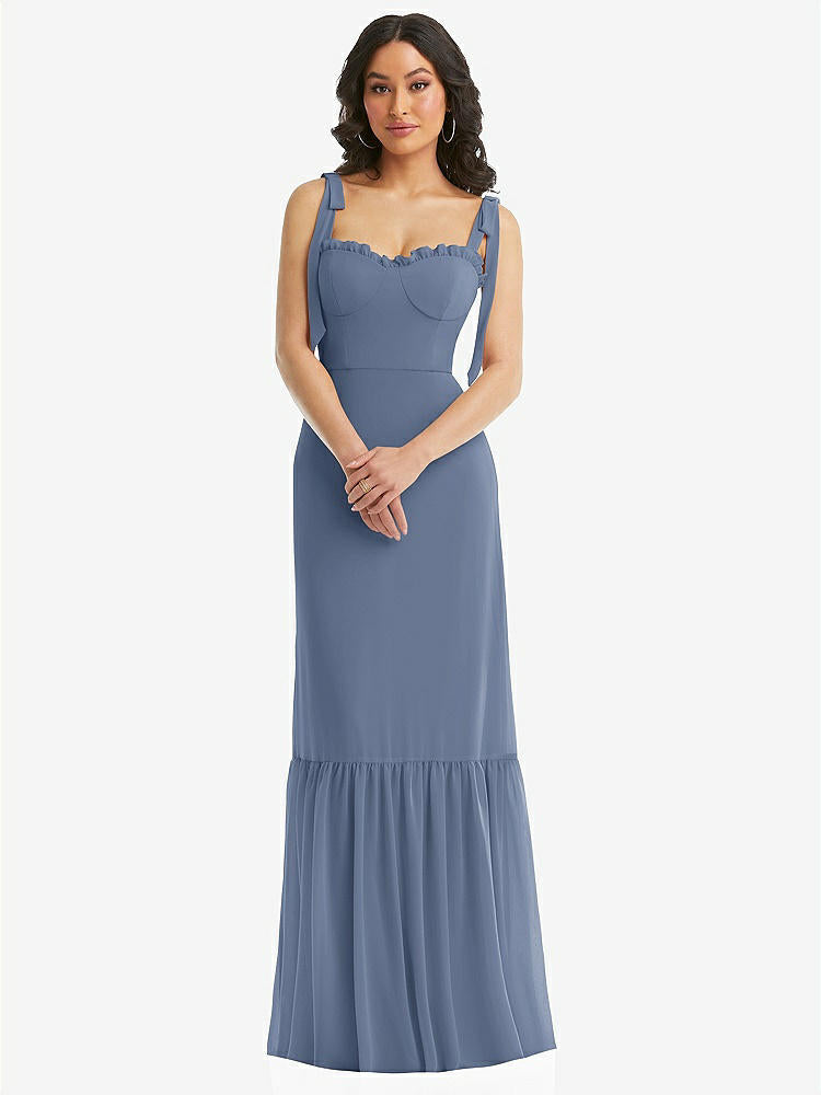 【STYLE: 1570】Tie-Shoulder Bustier Bodice Ruffle-Hem Maxi Dress【COLOR: Larkspur Blue】