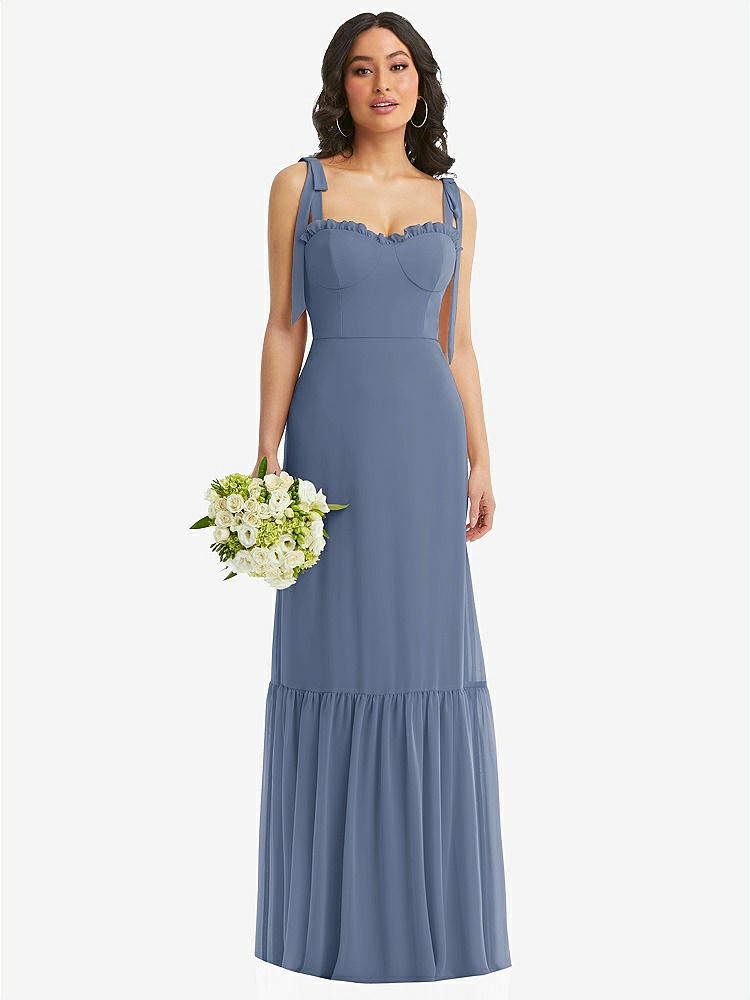 【STYLE: 1570】Tie-Shoulder Bustier Bodice Ruffle-Hem Maxi Dress【COLOR: Larkspur Blue】