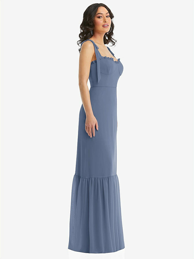 【STYLE: 1570】Tie-Shoulder Bustier Bodice Ruffle-Hem Maxi Dress【COLOR: Larkspur Blue】