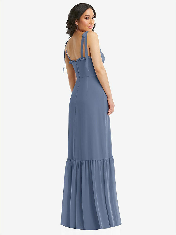 【STYLE: 1570】Tie-Shoulder Bustier Bodice Ruffle-Hem Maxi Dress【COLOR: Larkspur Blue】