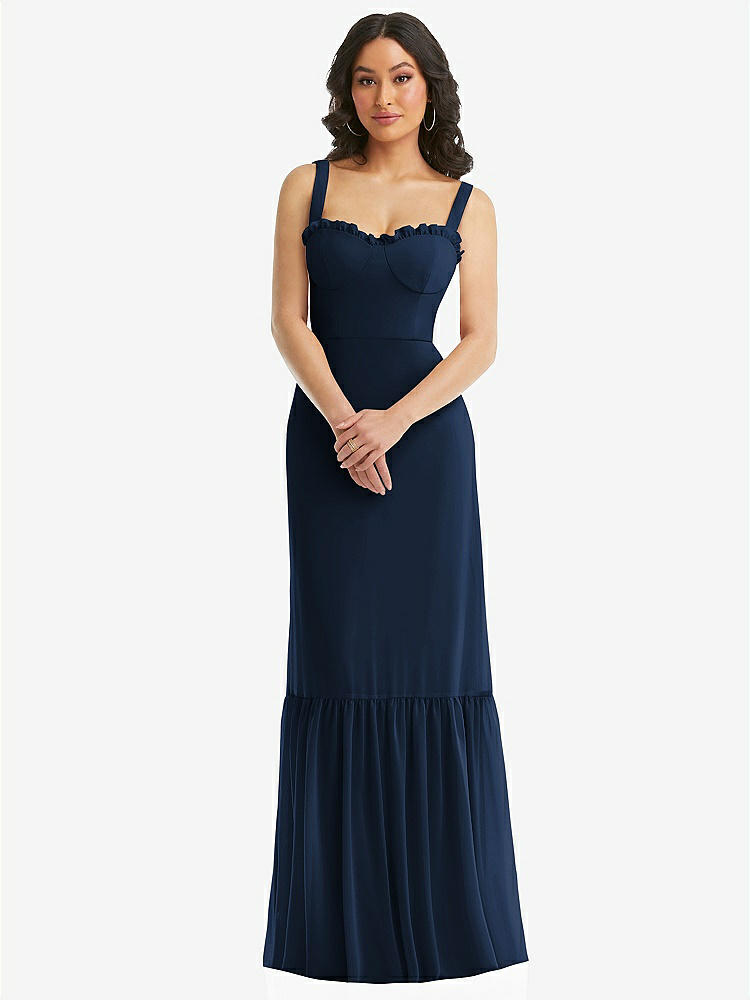 【STYLE: 1570】Tie-Shoulder Bustier Bodice Ruffle-Hem Maxi Dress【COLOR: Midnight Navy】