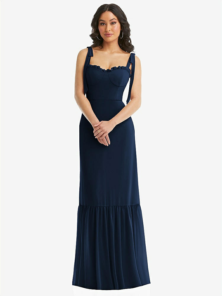 【STYLE: 1570】Tie-Shoulder Bustier Bodice Ruffle-Hem Maxi Dress【COLOR: Midnight Navy】