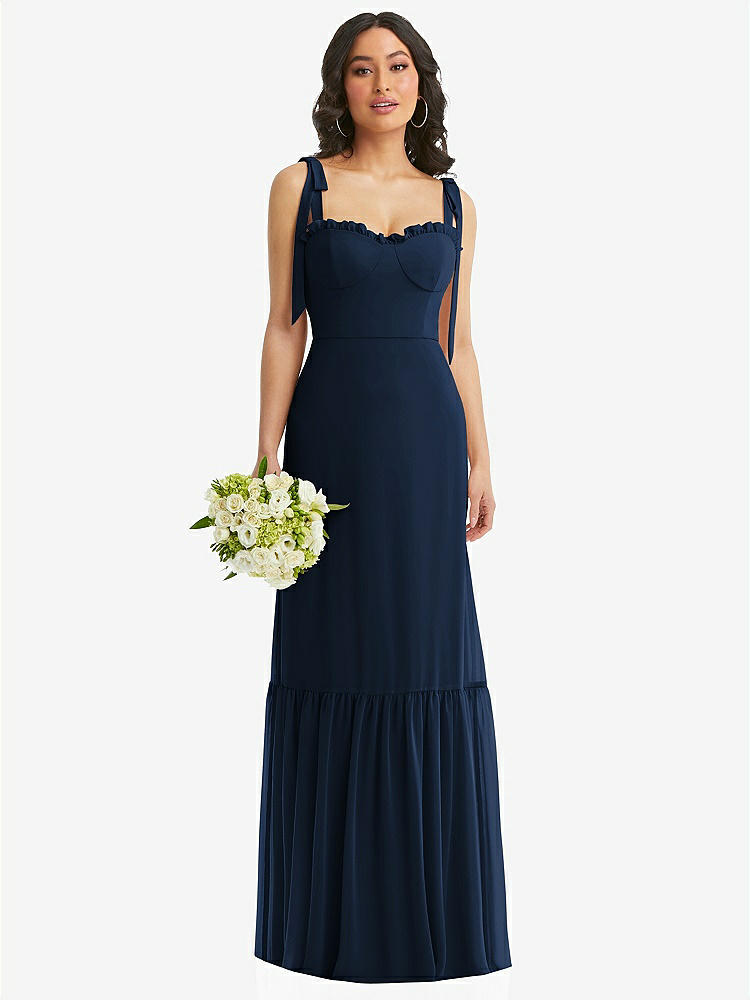 【STYLE: 1570】Tie-Shoulder Bustier Bodice Ruffle-Hem Maxi Dress【COLOR: Midnight Navy】